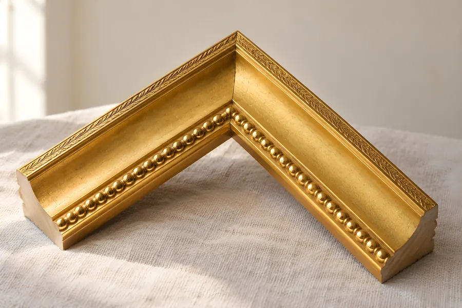Gehrungsecke einer vergoldeten Leiste: polierter Rundstab neben mattem Goldfeld (Illustration)