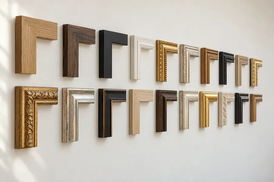 Wand mit Eckmustern verschiedener Rahmenprofile in Eiche, Nussbaum, Schwarz, Weiß, Silber und Gold (Illustration)